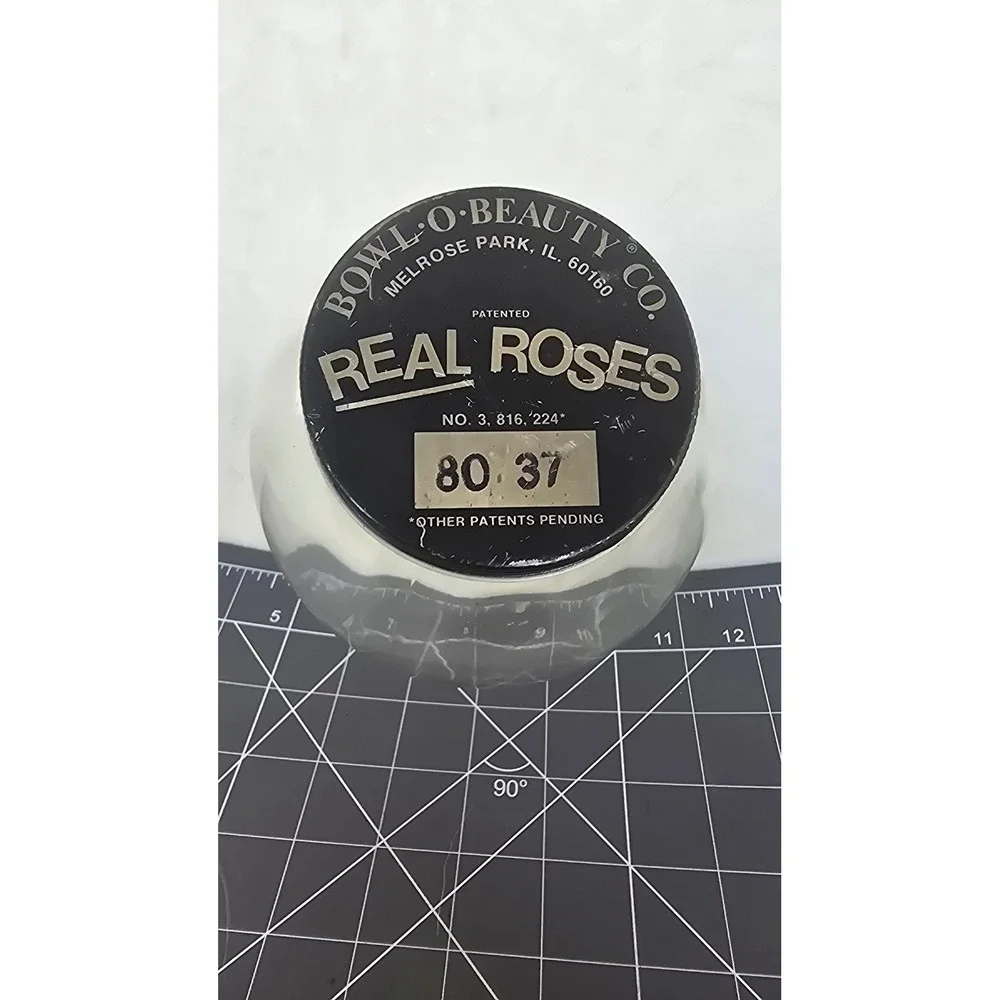 Vintage Bowl-O-Beauty Real Roses Glass Jar Melrose Park IL Black Metal Lid 5in